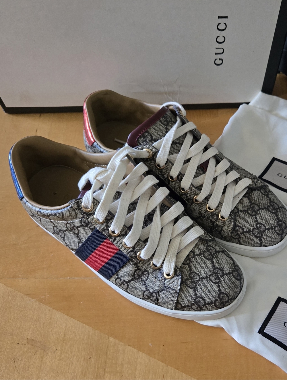 Gucci Ace Women's GG Supreme Canvas Beige Blue/Red EUR 38 G, US 7.5 - Picture 3 of 15